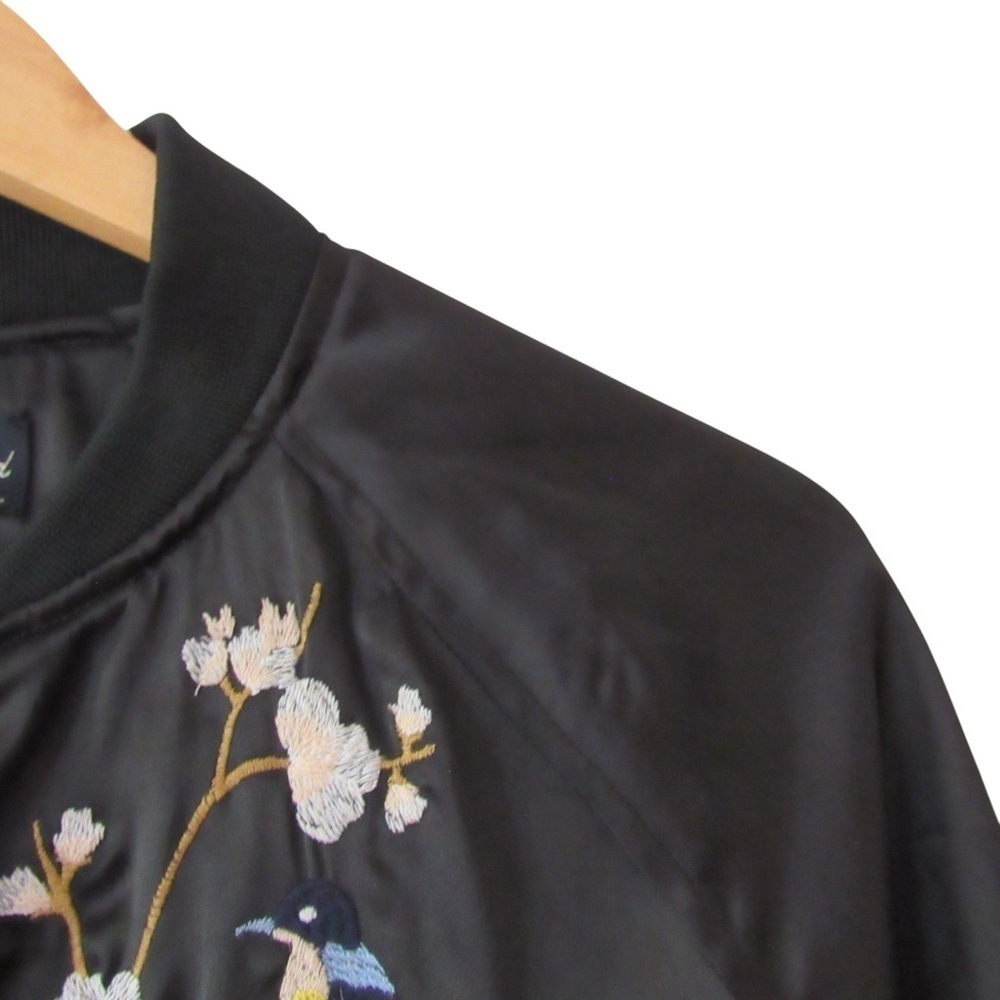 Lucky Brand Satin Bomber Jacket Small Black Embroidered Floral Bird Boho Pockets - Picture 4 of 10